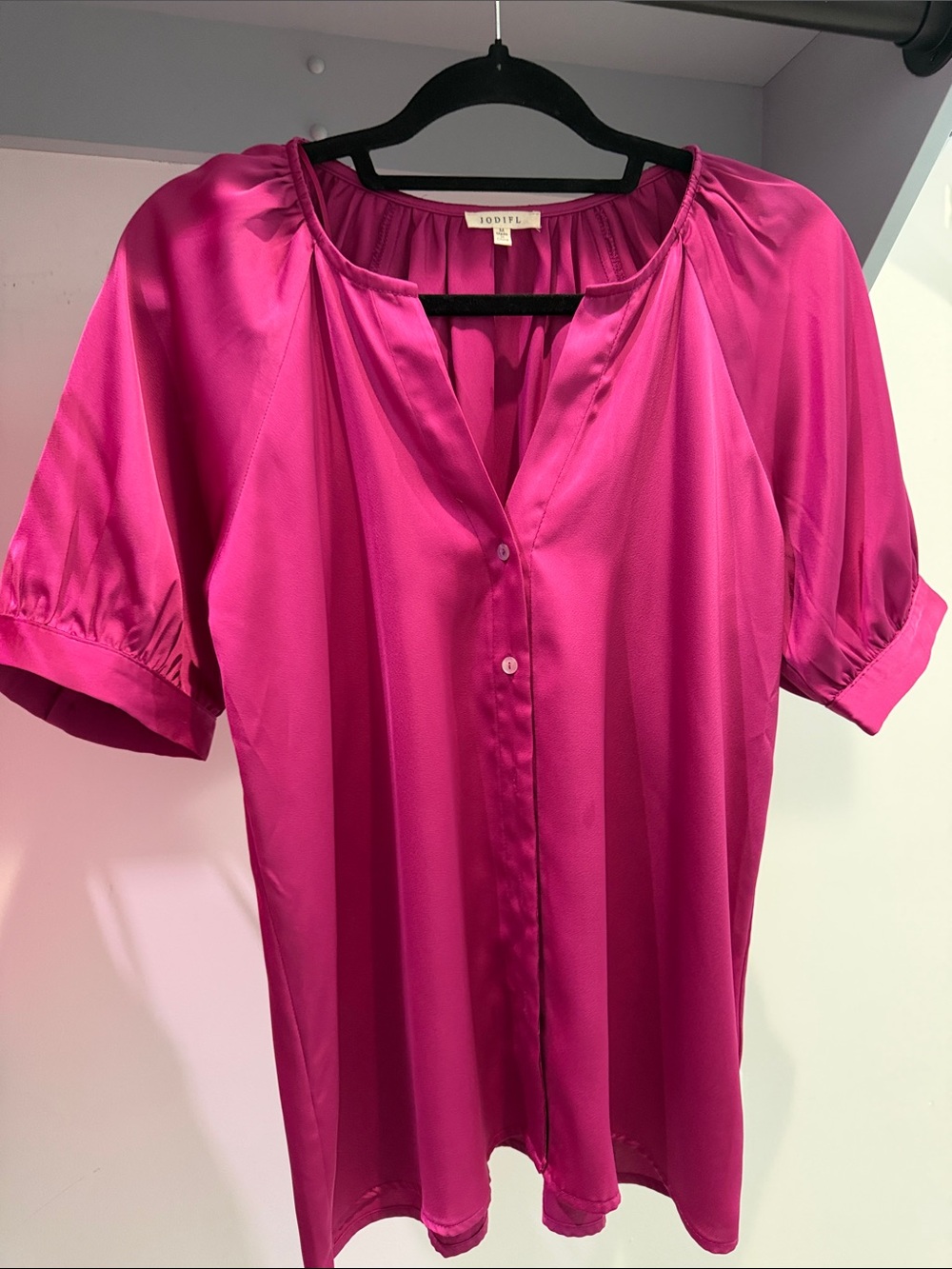 JODIFL Vibrant Fuchsia Satin Button-Front Short Sleeve Blouse